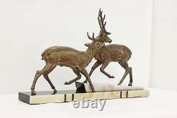 Art Deco Antique Pair of Stags Sculpture, Marble, Signed #48744