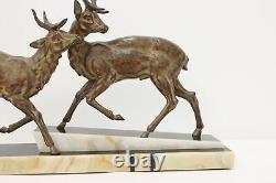 Art Deco Antique Pair of Stags Sculpture, Marble, Signed #48744