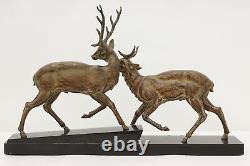 Art Deco Antique Pair of Stags Sculpture, Marble, Signed #48744