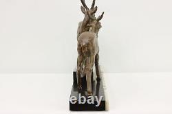 Art Deco Antique Pair of Stags Sculpture, Marble, Signed #48744