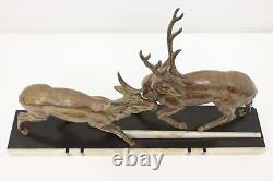 Art Deco Antique Pair of Stags Sculpture, Marble, Signed #48744