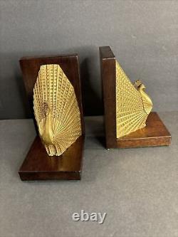 Art Deco Bronze Bookends/Signed/Bauer/Austria C. 1930/Peacock/Birds/Mahogany/Gold