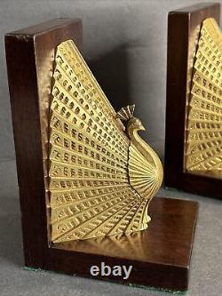 Art Deco Bronze Bookends/Signed/Bauer/Austria C. 1930/Peacock/Birds/Mahogany/Gold