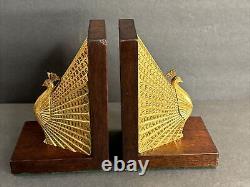 Art Deco Bronze Bookends/Signed/Bauer/Austria C. 1930/Peacock/Birds/Mahogany/Gold