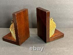 Art Deco Bronze Bookends/Signed/Bauer/Austria C. 1930/Peacock/Birds/Mahogany/Gold