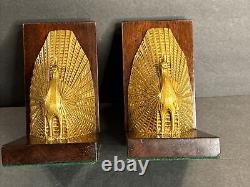 Art Deco Bronze Bookends/Signed/Bauer/Austria C. 1930/Peacock/Birds/Mahogany/Gold