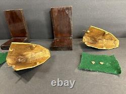 Art Deco Bronze Bookends/Signed/Bauer/Austria C. 1930/Peacock/Birds/Mahogany/Gold