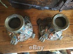 Art Deco Candle Holders Hand Painted over Copper Molded Signed Dated 1917 Pair