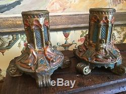 Art Deco Candle Holders Hand Painted over Copper Molded Signed Dated 1917 Pair