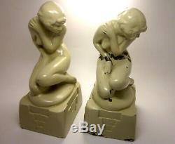 Art Deco Signed Nuart Pale Green Painted Metal Nude Figure Flapper Bookend Pair