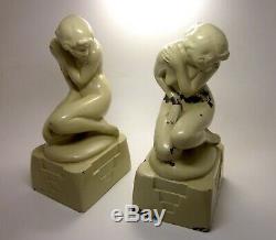 Art Deco Signed Nuart Pale Green Painted Metal Nude Figure Flapper Bookend Pair