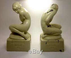 Art Deco Signed Nuart Pale Green Painted Metal Nude Figure Flapper Bookend Pair