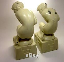 Art Deco Signed Nuart Pale Green Painted Metal Nude Figure Flapper Bookend Pair