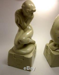 Art Deco Signed Nuart Pale Green Painted Metal Nude Figure Flapper Bookend Pair