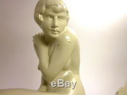 Art Deco Signed Nuart Pale Green Painted Metal Nude Figure Flapper Bookend Pair