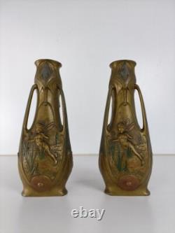 Art Nouveau Fairy Vase Pair by Jean Garnier, French Antique Jugendstil Signed