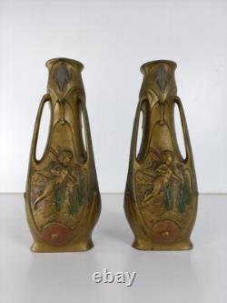 Art Nouveau Fairy Vase Pair by Jean Garnier, French Antique Jugendstil Signed