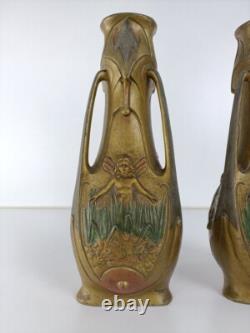 Art Nouveau Fairy Vase Pair by Jean Garnier, French Antique Jugendstil Signed