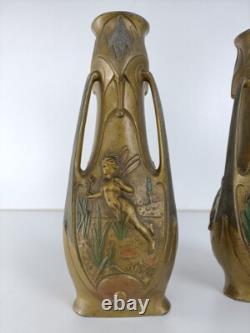 Art Nouveau Fairy Vase Pair by Jean Garnier, French Antique Jugendstil Signed
