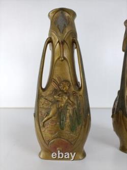 Art Nouveau Fairy Vase Pair by Jean Garnier, French Antique Jugendstil Signed