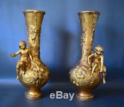 Art Nouveau French Antique Gold Patina Pair of Vases Girl & Boy Signed M. Vives