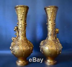 Art Nouveau French Antique Gold Patina Pair of Vases Girl & Boy Signed M. Vives