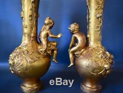 Art Nouveau French Antique Gold Patina Pair of Vases Girl & Boy Signed M. Vives