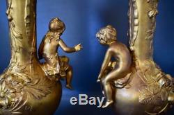 Art Nouveau French Antique Gold Patina Pair of Vases Girl & Boy Signed M. Vives