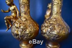 Art Nouveau French Antique Gold Patina Pair of Vases Girl & Boy Signed M. Vives