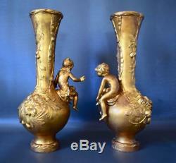 Art Nouveau French Antique Gold Patina Pair of Vases Girl & Boy Signed M. Vives