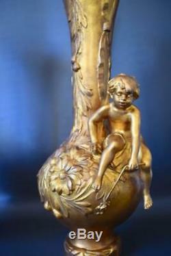 Art Nouveau French Antique Gold Patina Pair of Vases Girl & Boy Signed M. Vives