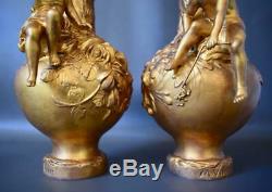 Art Nouveau French Antique Gold Patina Pair of Vases Girl & Boy Signed M. Vives