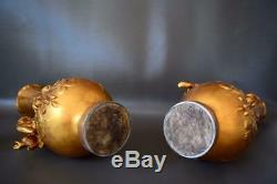 Art Nouveau French Antique Gold Patina Pair of Vases Girl & Boy Signed M. Vives
