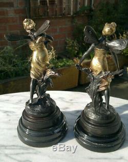Art Nouveau Pair of Aug Moreau French Bronze Fairies signed 9 Tall