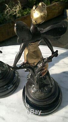 Art Nouveau Pair of Aug Moreau French Bronze Fairies signed 9 Tall