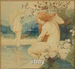 Art Nouveau watercolor paintings pair with nudes by A. Crommen 1918 Belgium