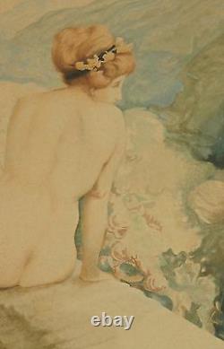 Art Nouveau watercolor paintings pair with nudes by A. Crommen 1918 Belgium