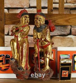 Asian Art Antique Pair Wood Figures Signed Sculpture Musician Hikers Shaolin
