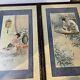Asian Textile Painting Set Signed Framed Wall Art Geisha With Musical Instrument