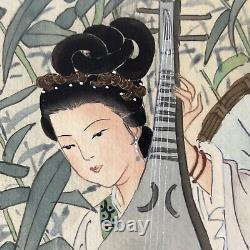 Asian Textile Painting Set signed Framed Wall Art Geisha With Musical Instrument