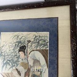 Asian Textile Painting Set signed Framed Wall Art Geisha With Musical Instrument