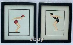 Asor Signed Vintage Swimsuit Painting Man Woman Divers Pair 2 Set Original Art