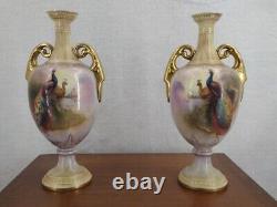 Atq Crown Devon Vases Matched Pair Englsih Art Pottery Artist Signed Peacock