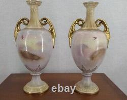 Atq Crown Devon Vases Matched Pair Englsih Art Pottery Artist Signed Peacock