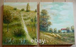 Barat, Pair Signed Oil Canvas Vintage Oil Painting Landscape Signed Contemporary