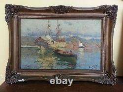 Beautiful Antique Pair Spanish Painting Marine Oil On Canvas Of Hernandez Monjo