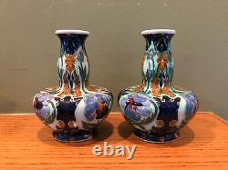 Beautiful Antique Pair of Rozenburg Den Haag Art Nouveau Pottery Vases Signed