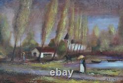 Beautiful Painting Antique Landscape Animated Cavaliers Couple 2014 R. J Bizet #1