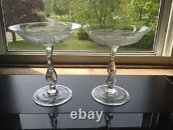 Beautiful Pair Antique ABP Cut Glass Signed Libbey Twist Stem Compotes