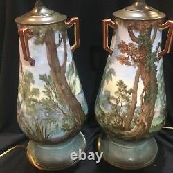 Beautiful Pair Antique French Sevres Limoges or Porcelain Table Lamps Signed